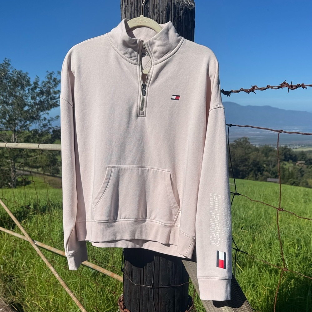 Tommy Hilfiger Sport Quarter Zip Pullover Sweatshirt Preppy Y2K Cream Large
